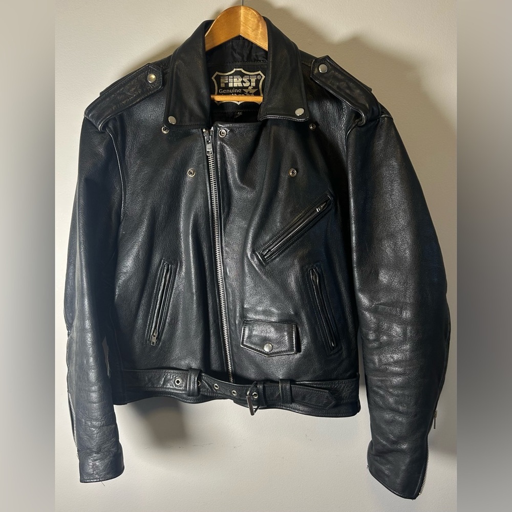 First Double Riders Jacket Genuine Leather Mens Size 46 Vintage Black WOW
